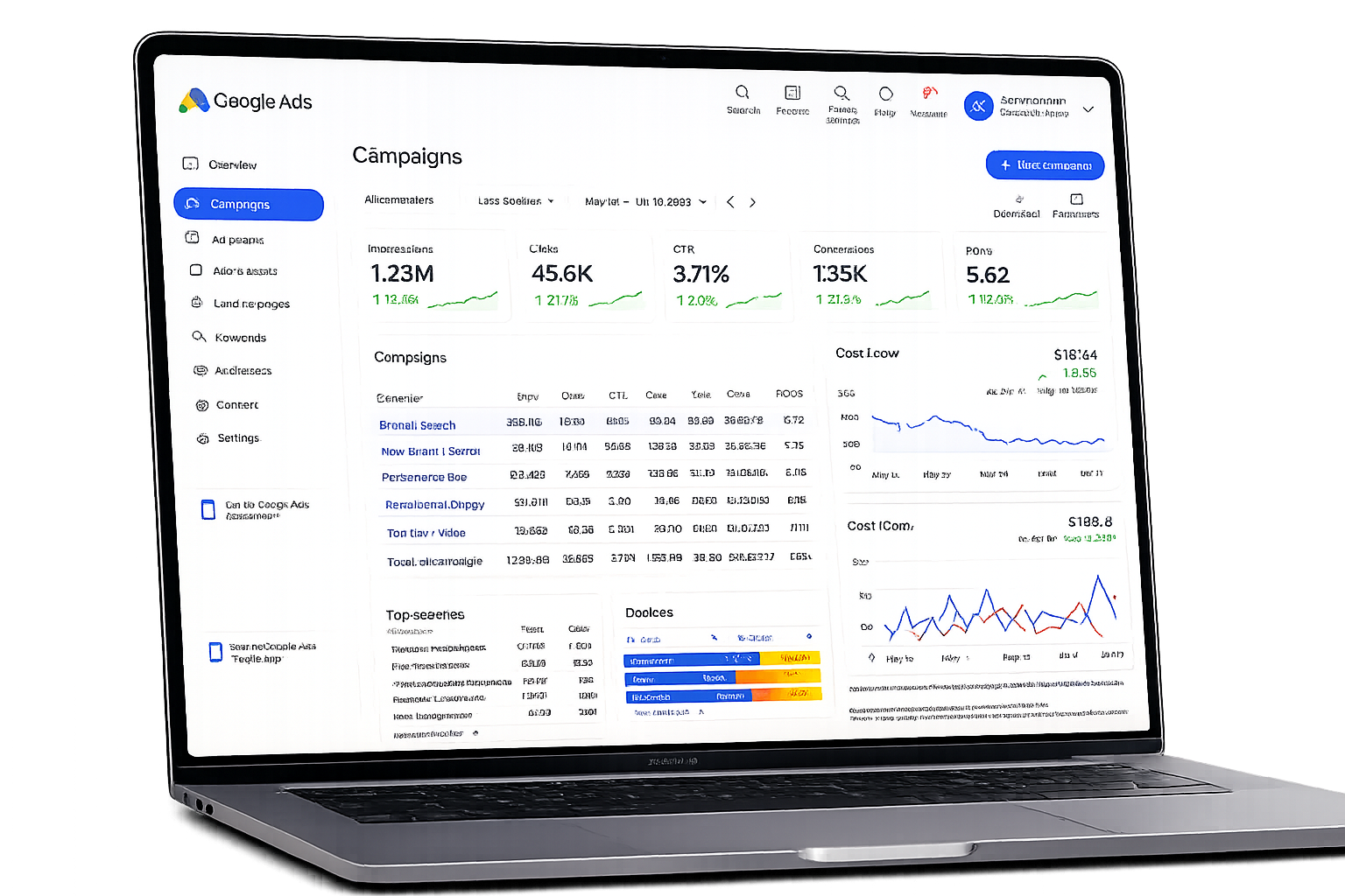 Google Ads campagne dashboard op laptop met ROAS en conversie metrics