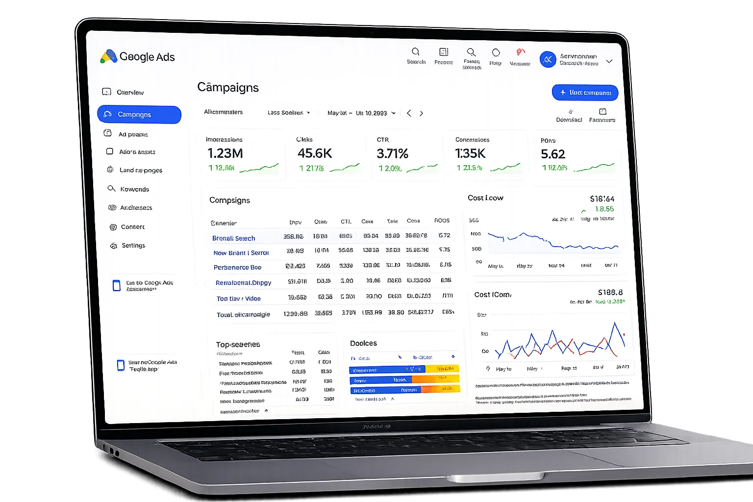 Google Ads campagne dashboard op laptop met ROAS en conversie metrics