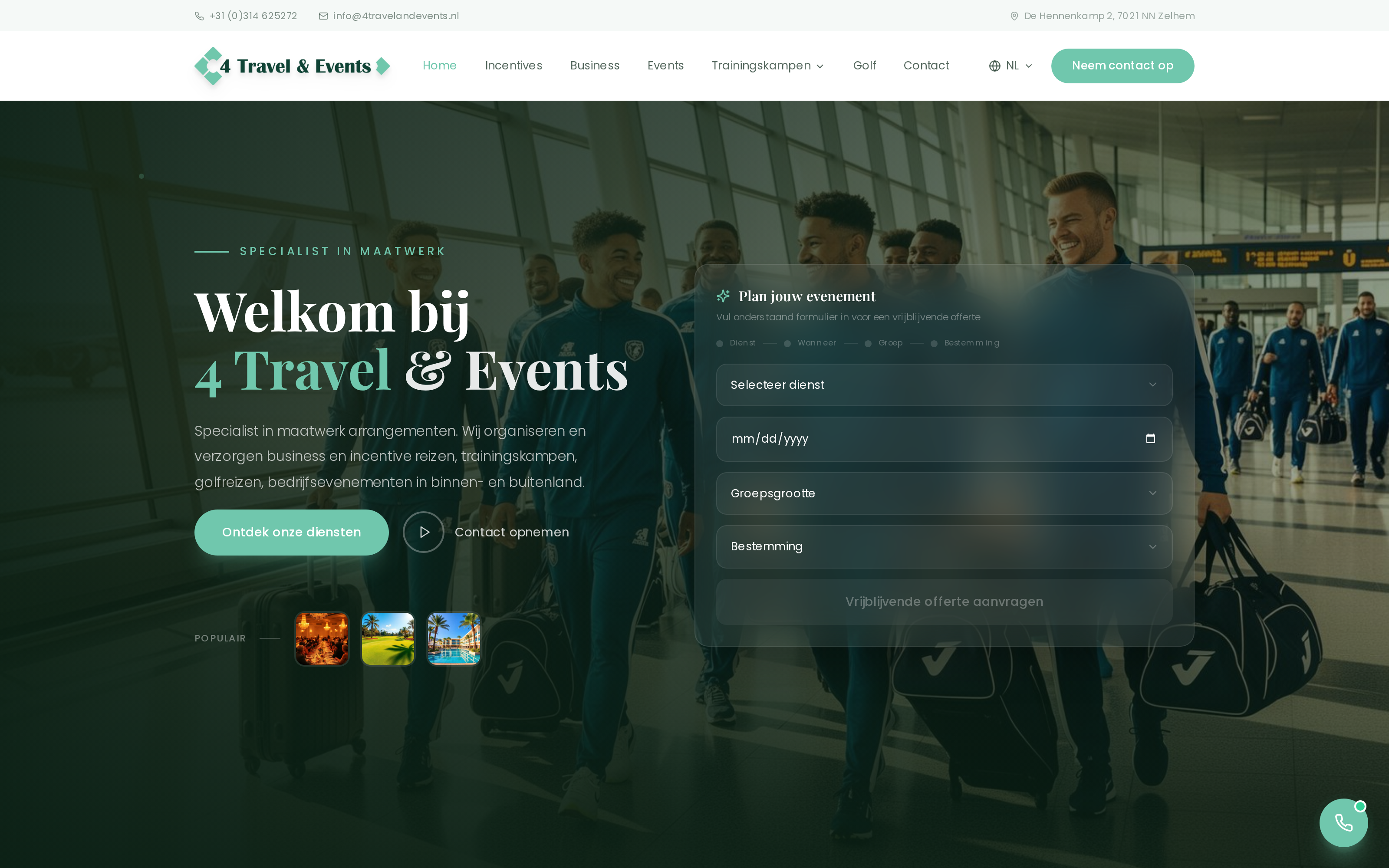 Website screenshot van 4 Travel & Events (4tne.nl) — Maatwerk reizen en events, online. Diensten: Branding, Webdesign, Development.