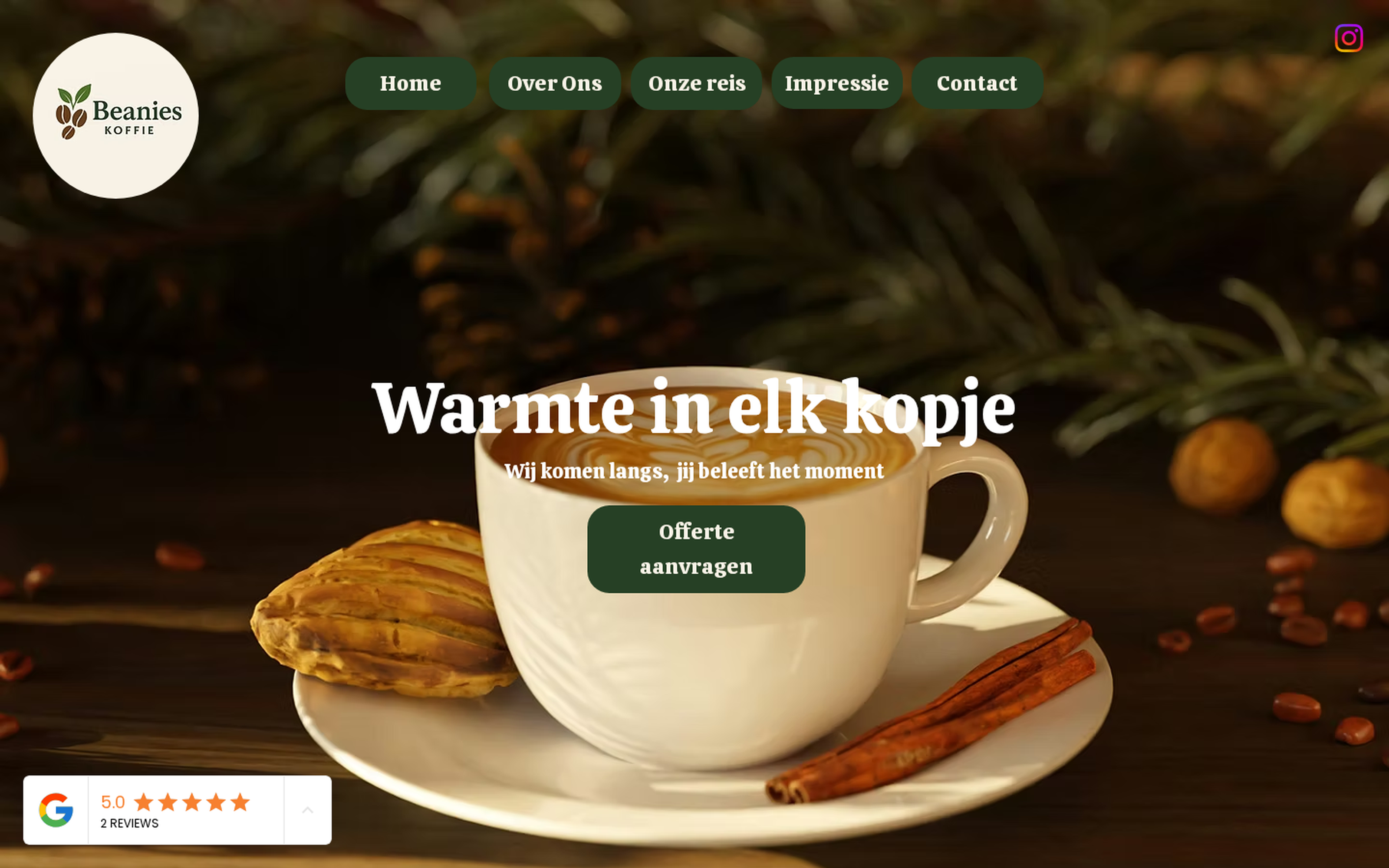 Website screenshot van Beanies Koffie (beanieskoffie.nl) — SEO voor een mobiele koffiebar in Amersfoort. Diensten: SEO.