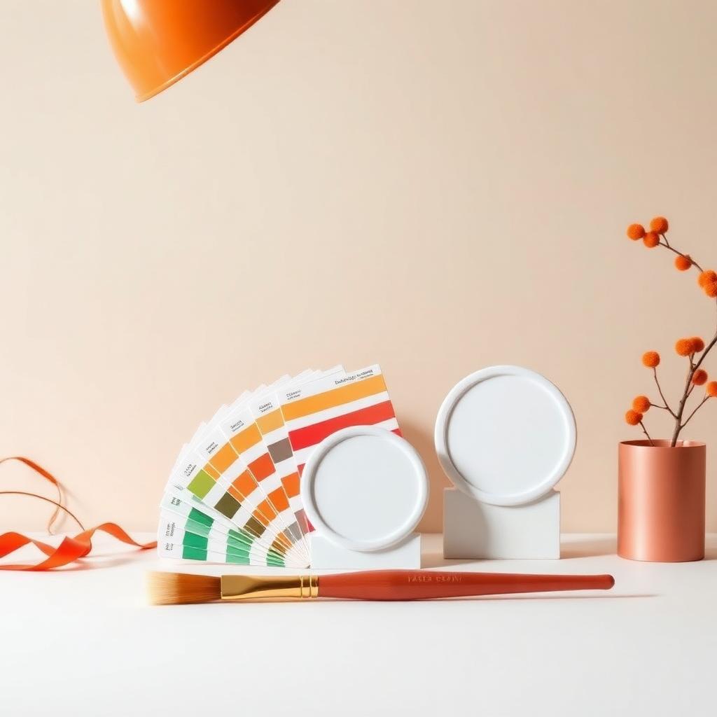 Designer desk met kleurstalen, penseel en een blanco logo badge