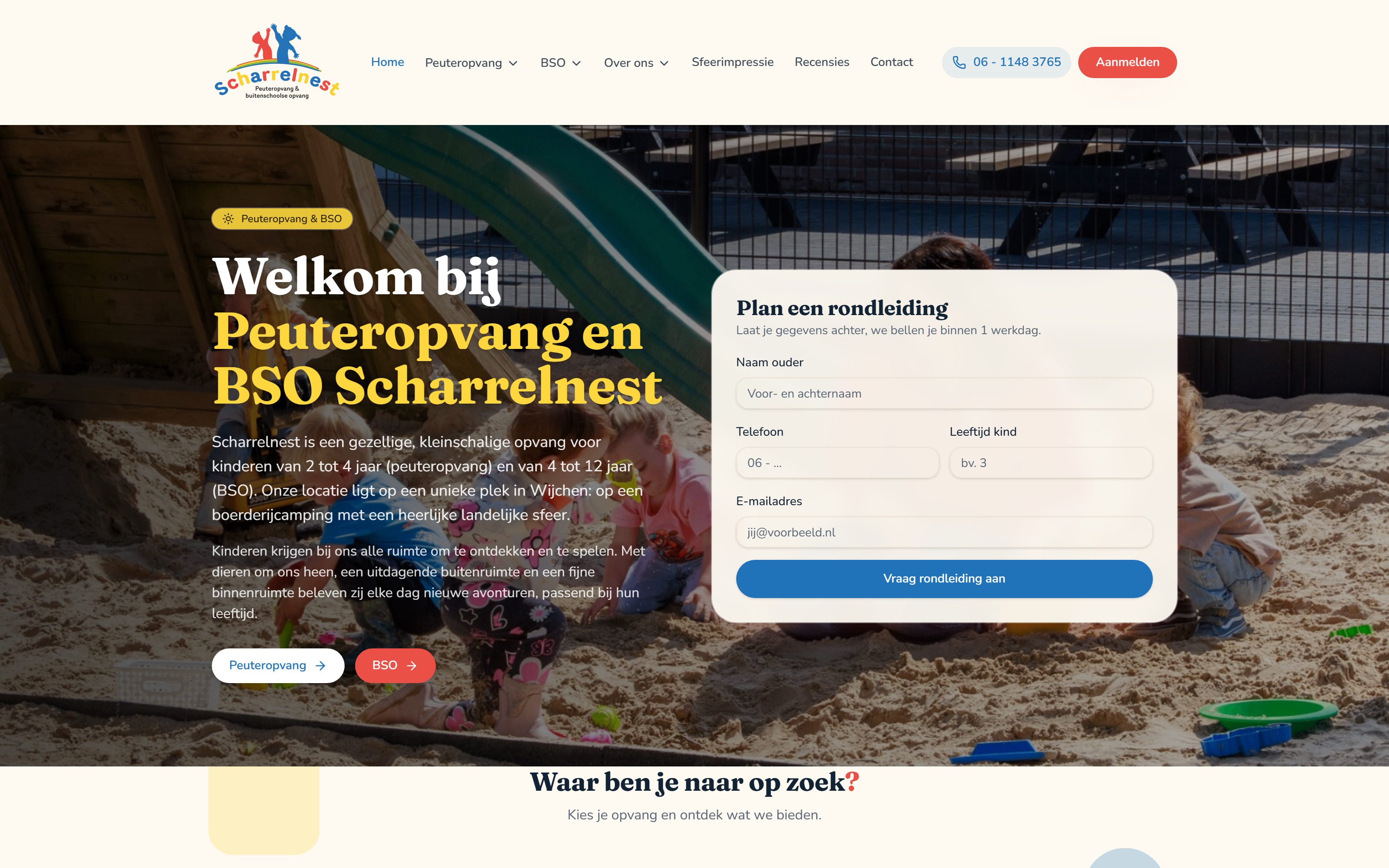 Website screenshot van Peuteropvang & BSO Scharrelnest (bsoscharrelnest.nl) — Een warme site voor opvang in het groen. Diensten: Webdesign, Development.