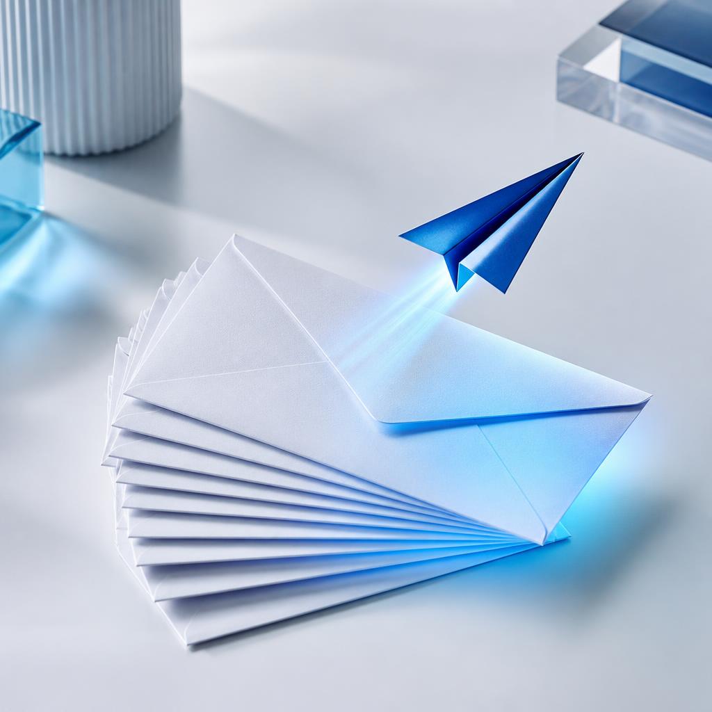 Stapel enveloppen met een opstijgend blauw vliegtuigje