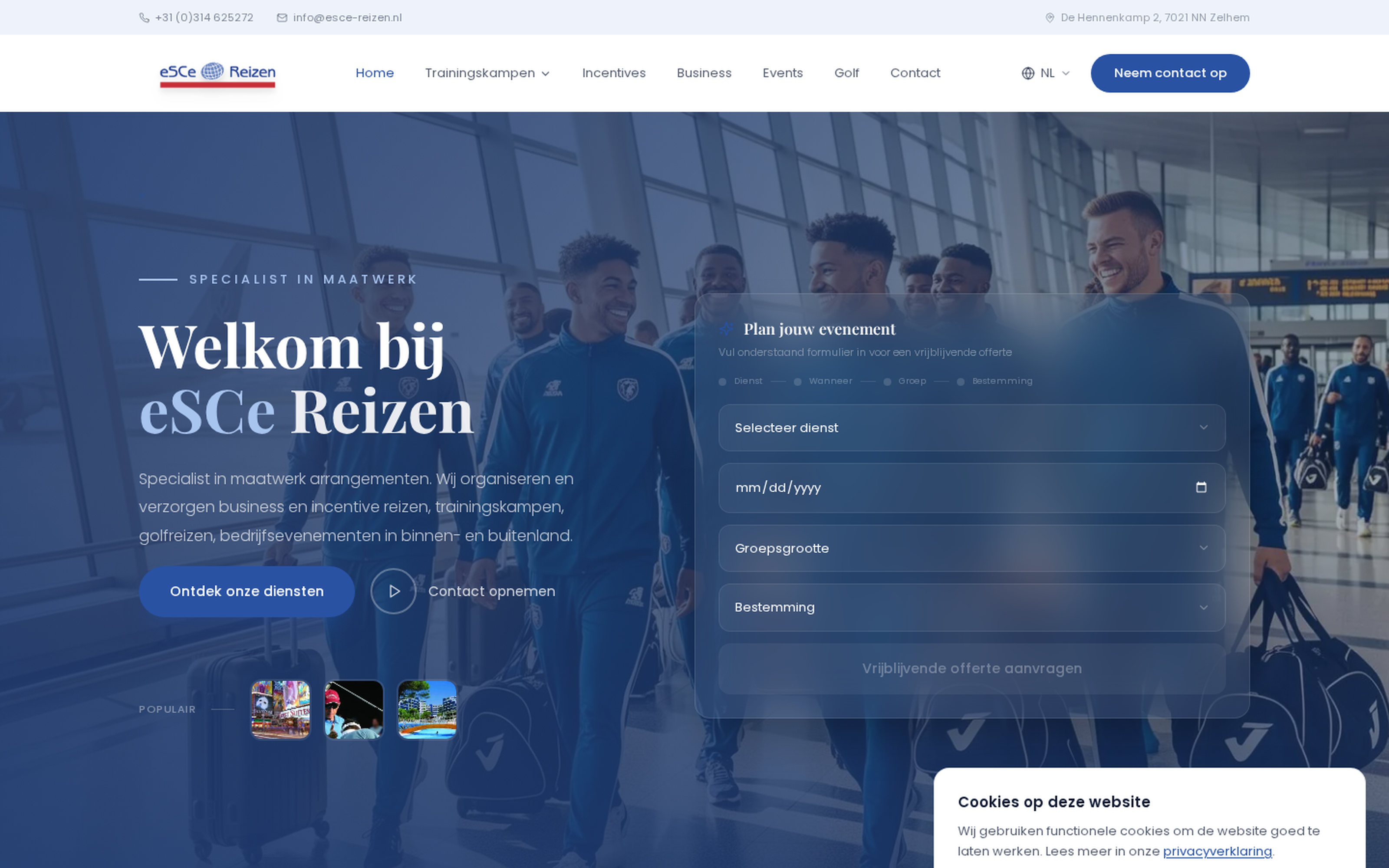 Website screenshot van eSCe Reizen (esce-reizen.nl) — Trainingskampen voor voetbalverenigingen, wereldwijd bekeken. Diensten: Webdesign, SEO.