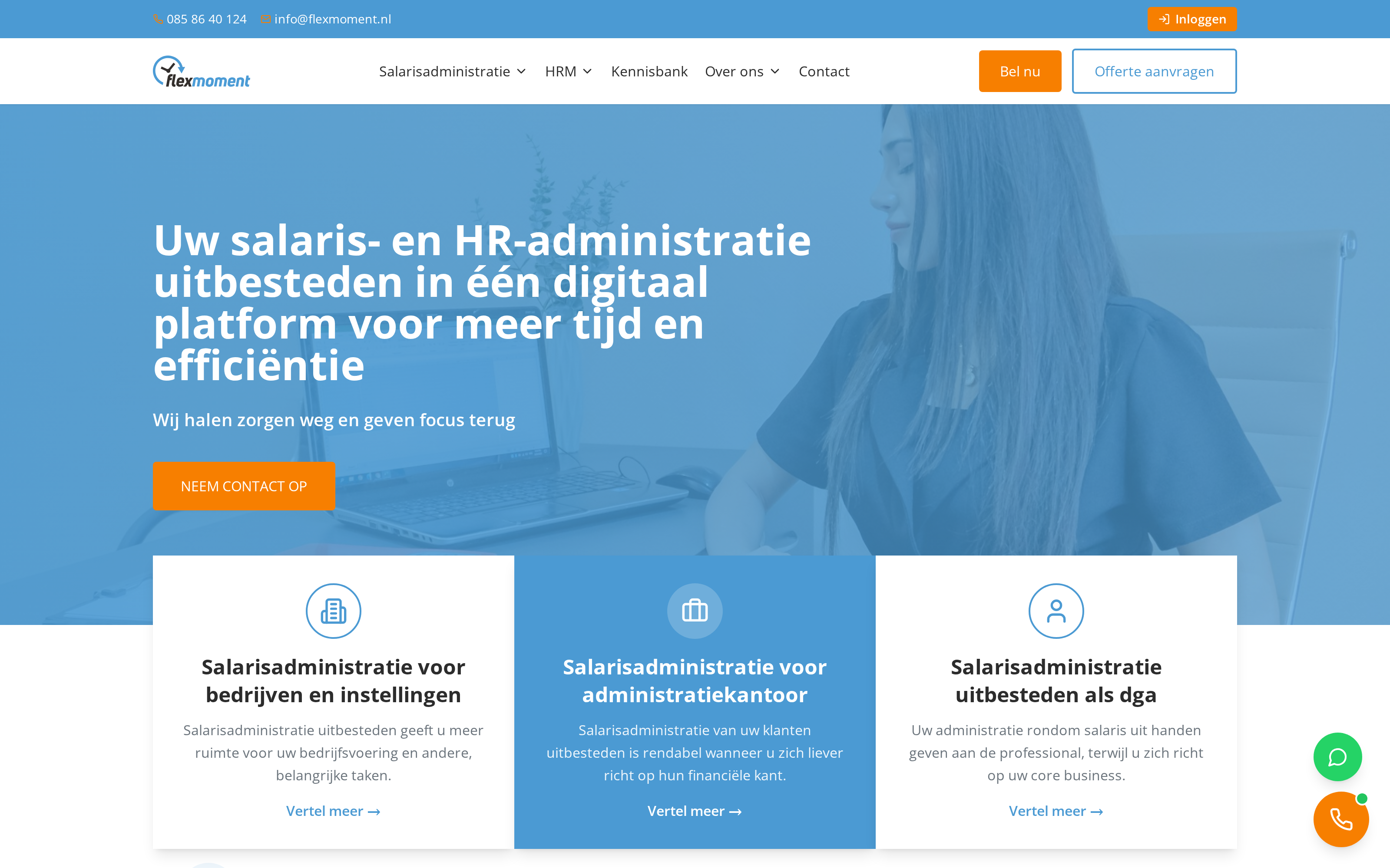 Website screenshot van Flexmoment (flexmoment.nl) — Een heldere site voor een salaris- en HR-specialist. Diensten: Webdesign, Development, Content.