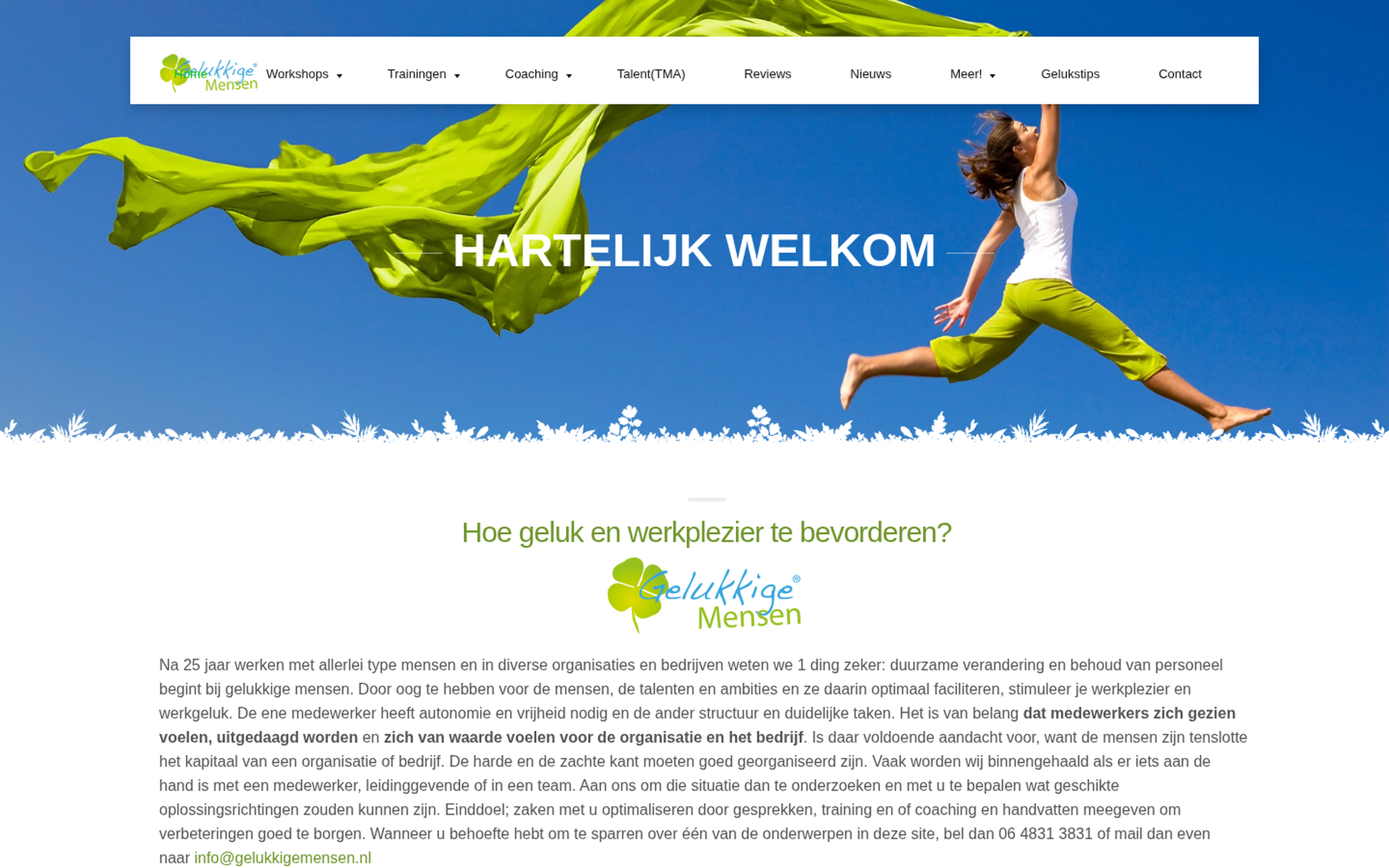 Website screenshot van Gelukkige Mensen (gelukkigemensen.nl) — SEO voor werkgeluk-trainingen in de zorg. Diensten: SEO.