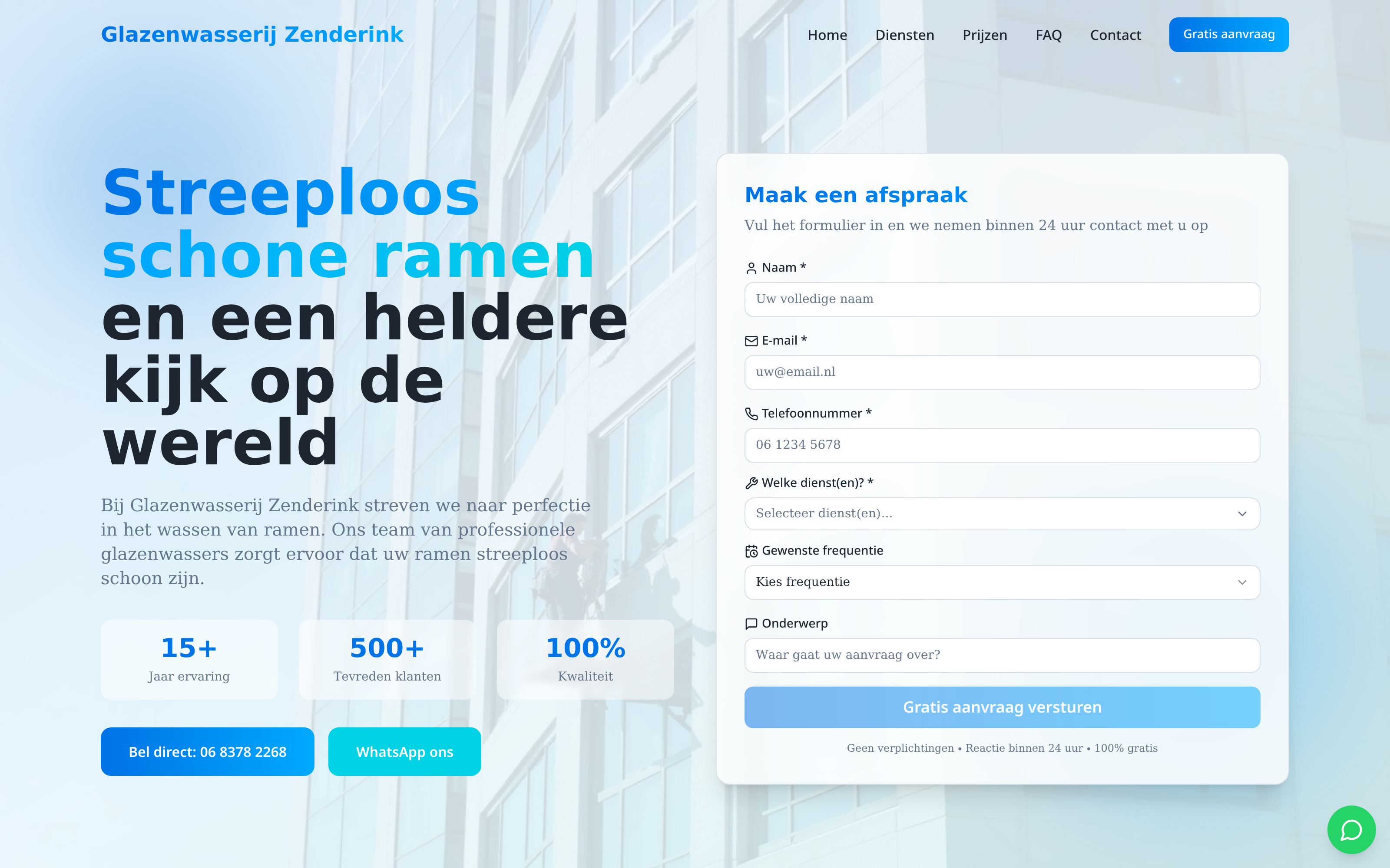 Website screenshot van Glazenwasserij Zenderink (glazenwasserijzenderink.nl) — Lokaal beter vindbaar. Diensten: Webdesign, SEO.