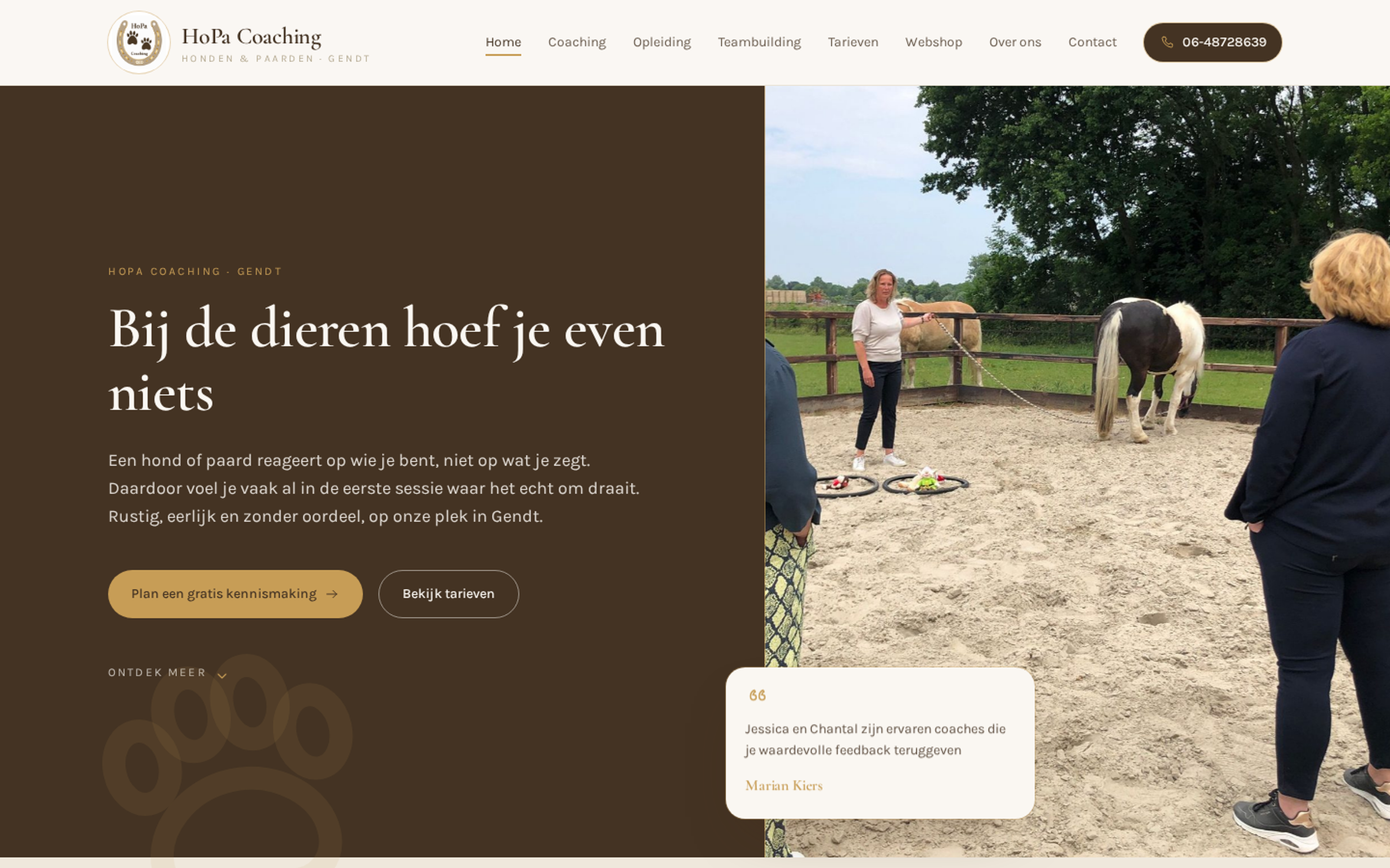 Website screenshot van HoPa Coaching (hopacoaching.nl) — Coaching met honden en paarden, voelbaar op de site. Diensten: Webdesign.