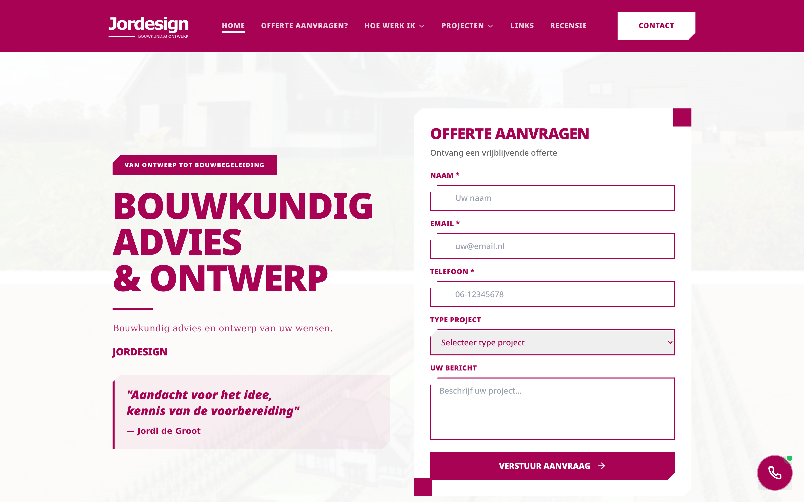 Website screenshot van JorDesign (jordesign.nl) — Een platform voor bouwkundig advies. Diensten: Webdesign, Development.