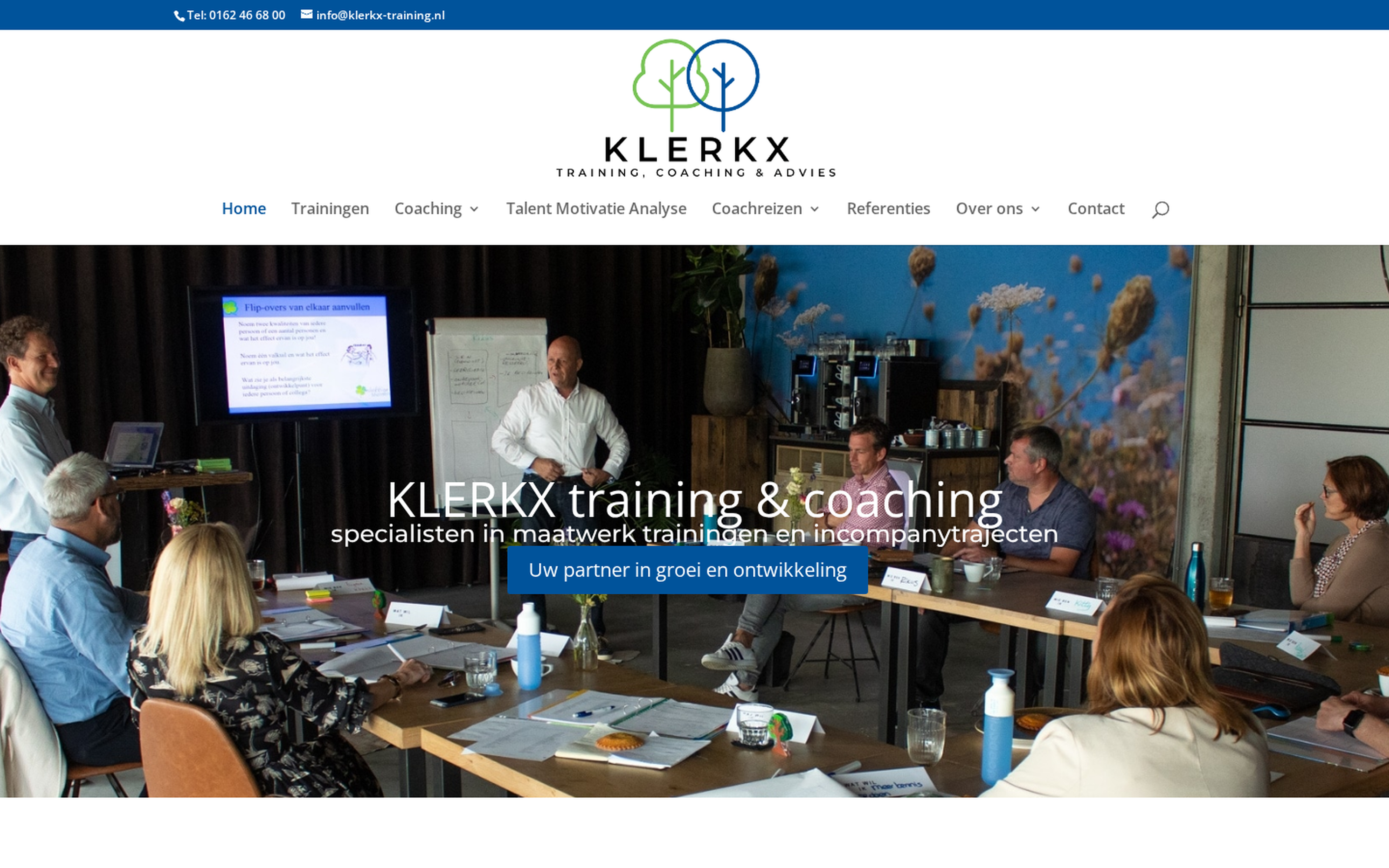 Website screenshot van KLERKX training & coaching (klerkx-training.nl) — SEO voor een landelijke trainings- en coachpraktijk. Diensten: SEO.