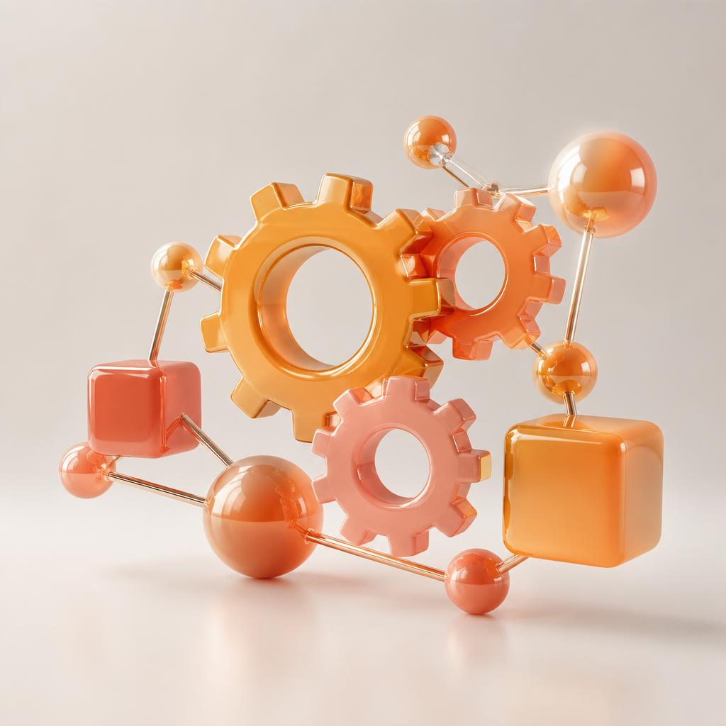 Abstracte 3D tandwielen en verbonden nodes die maatwerk en koppelingen visualiseren