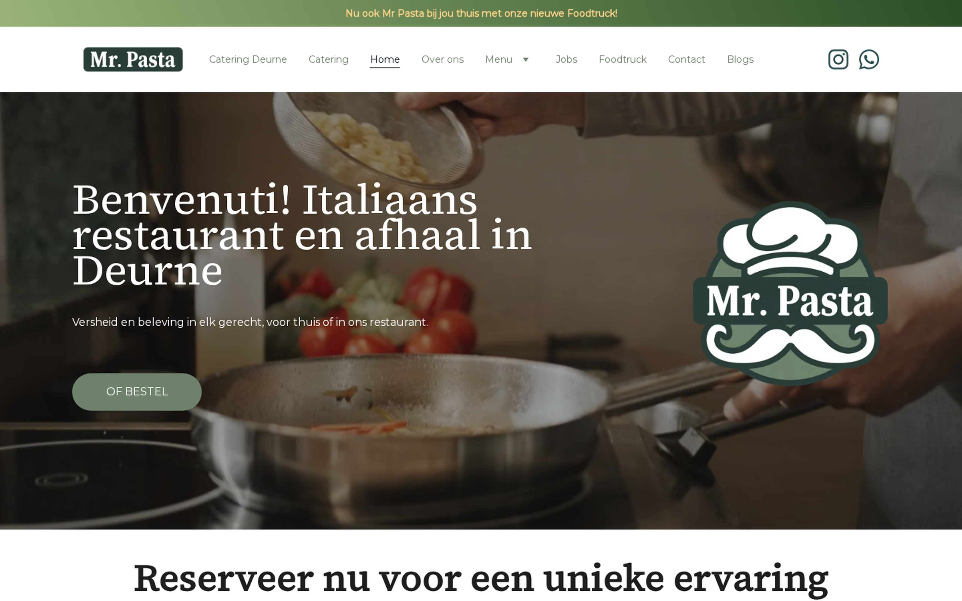 Website screenshot van Mr. Pasta (mrpasta.nl) — Beter vindbaar voor pasta en catering in Deurne. Diensten: SEO.