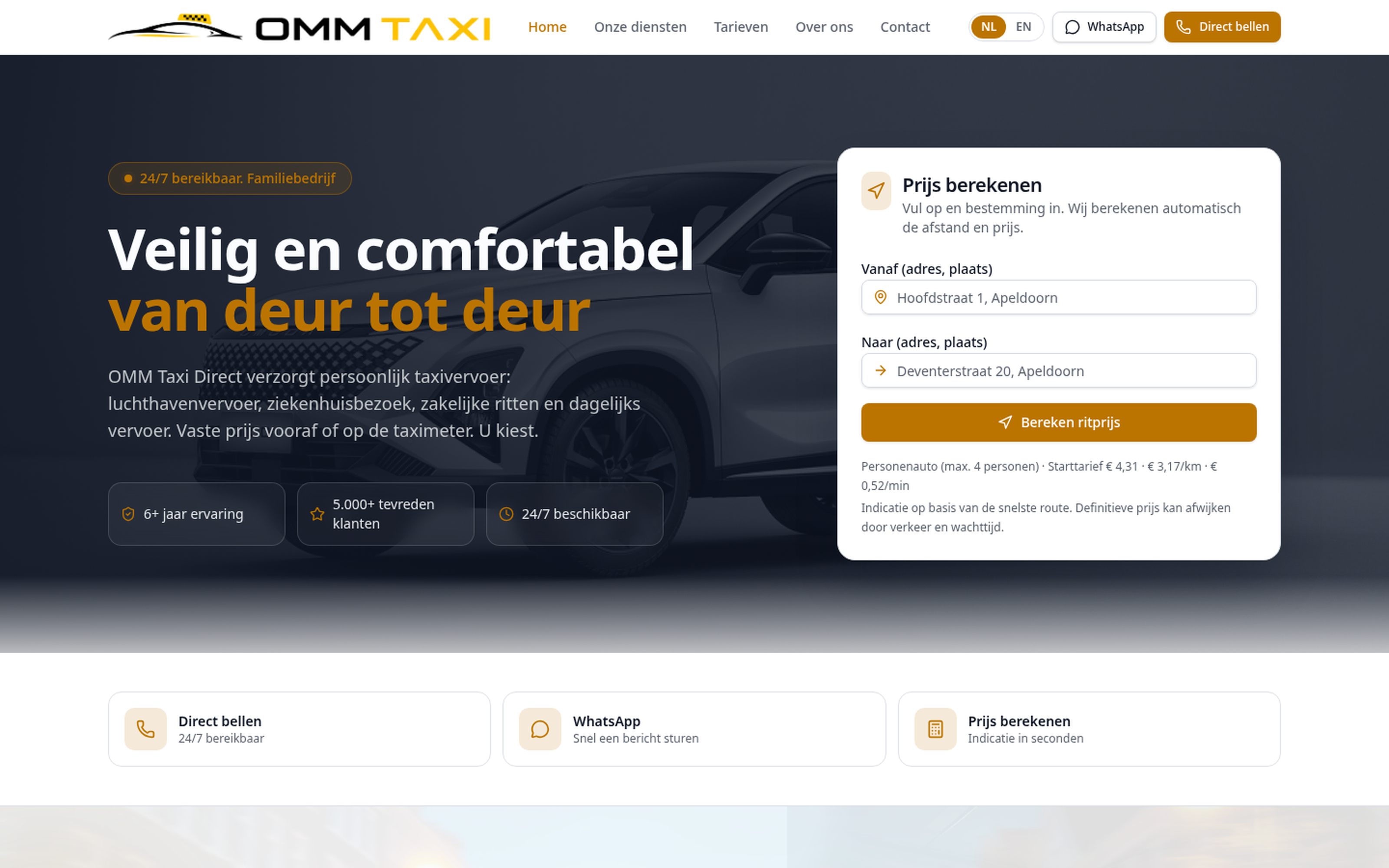 Website screenshot van OMM Taxi Direct (ommtaxi.nl) — Taxi boeken met een prijs die vooraf al vaststaat. Diensten: Webdesign, Development, SEO.