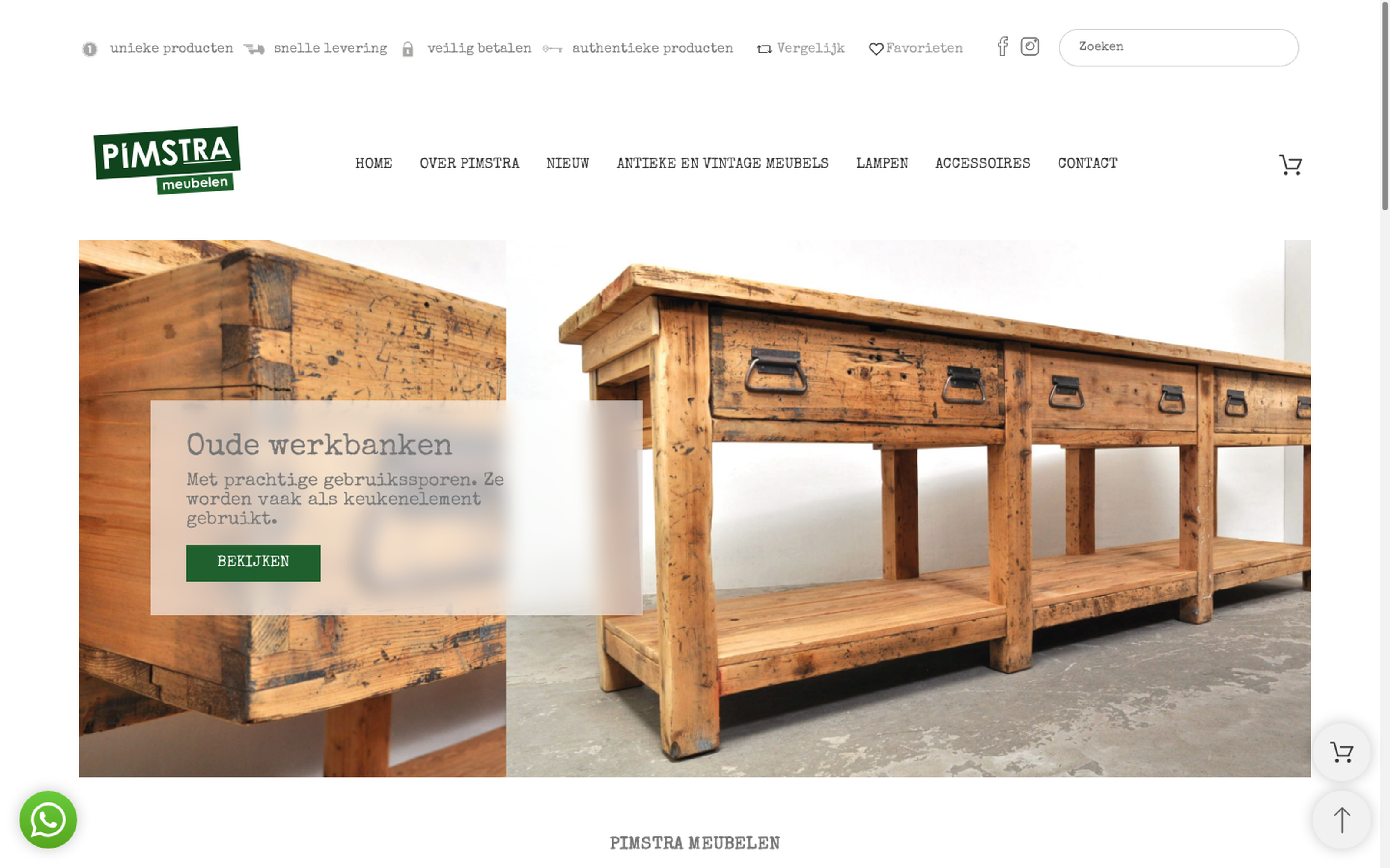 Website screenshot van PimsTra Meubelen (pimstrameubelen.nl) — SEO voor een webshop in vintage en art deco meubels. Diensten: SEO.