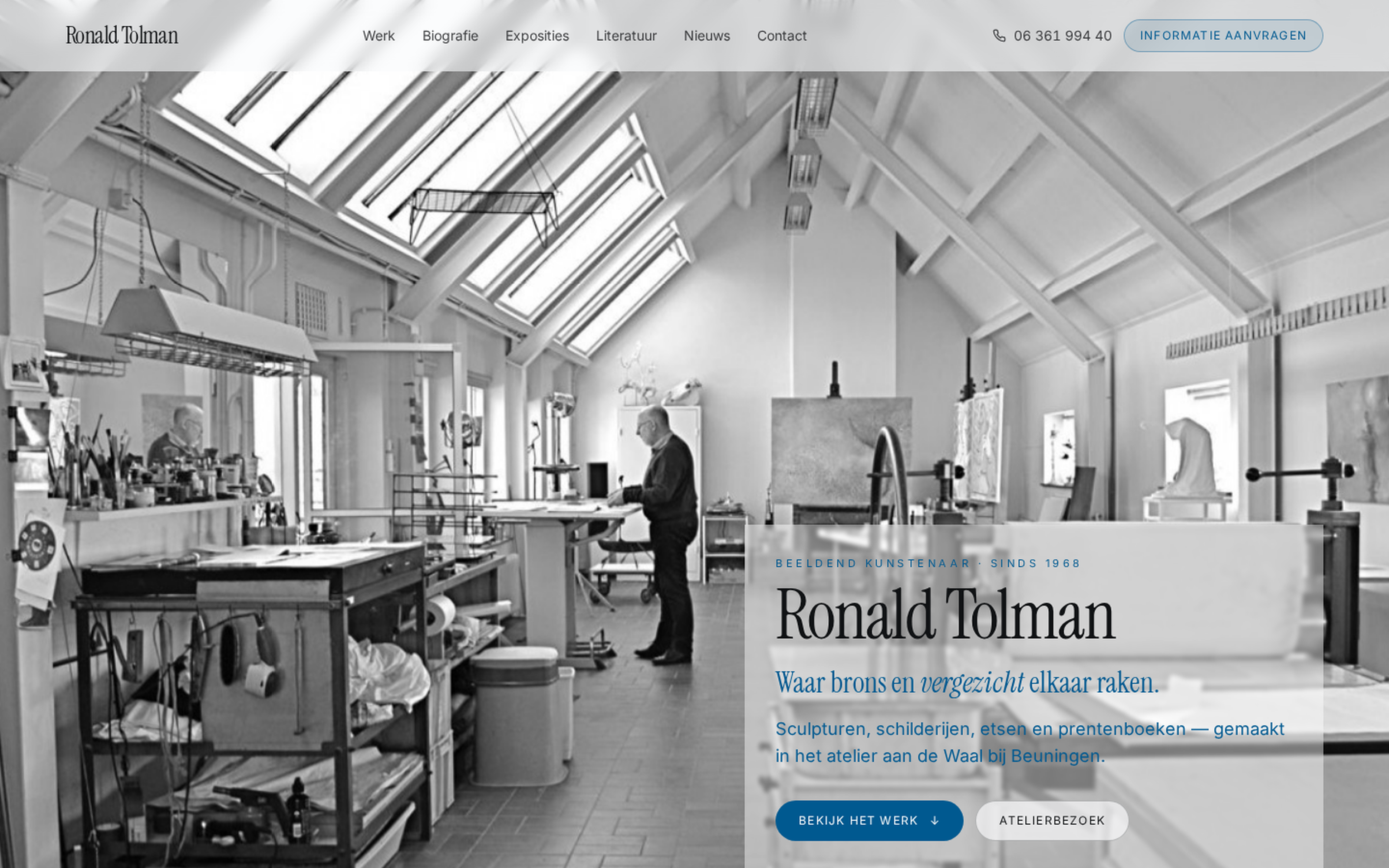Website screenshot van Ronald Tolman (ronaldtolman.nl) — Vijftig jaar beeldend werk, overzichtelijk online. Diensten: Webdesign.