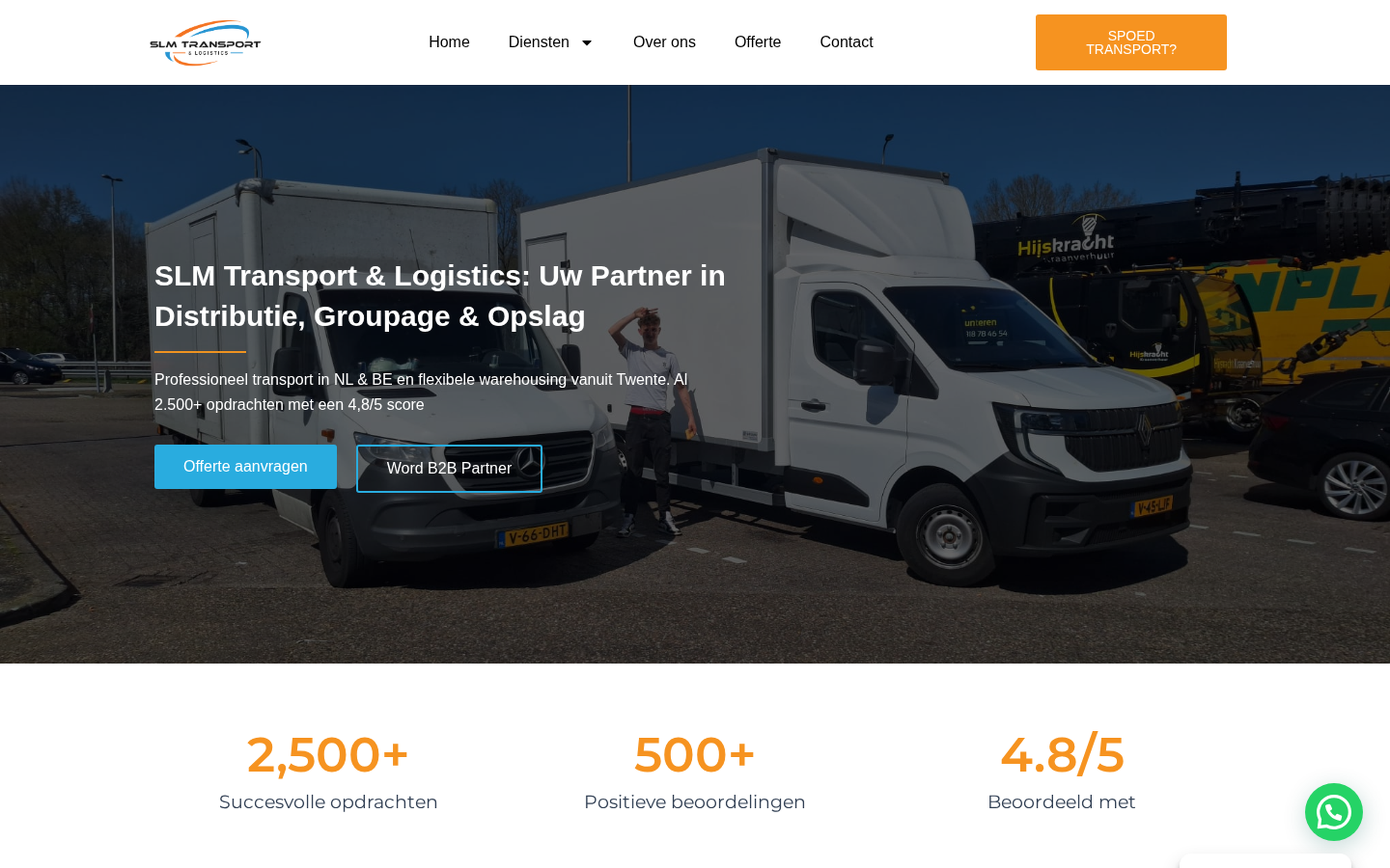 Website screenshot van SLM Transport & Logistics (slmlogistics.nl) — SEO voor een transport- en logistiek bedrijf. Diensten: SEO.
