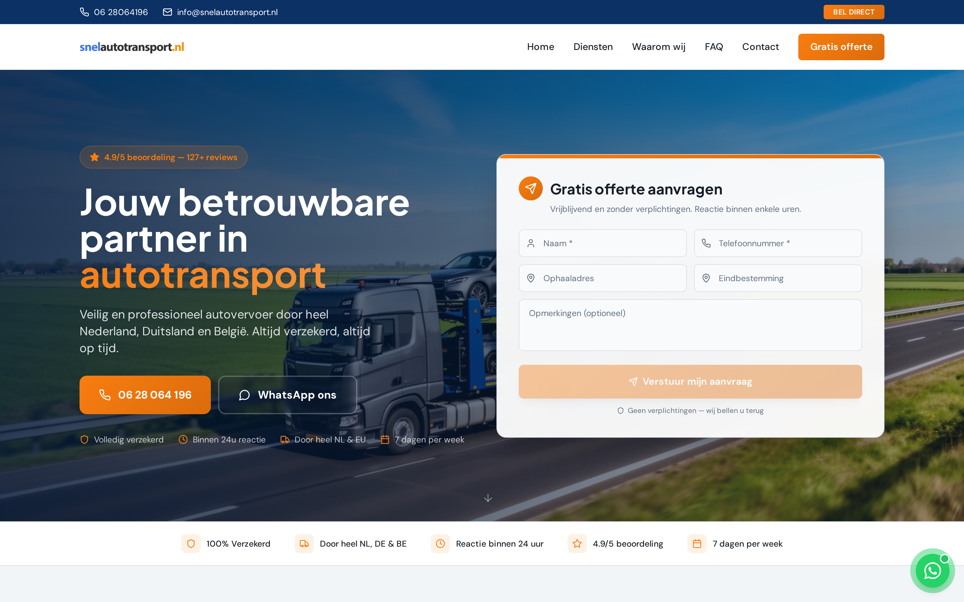 Website screenshot van Snel Autotransport (snelautotransport.nl) — Beter gevonden in heel Nederland. Diensten: SEO.