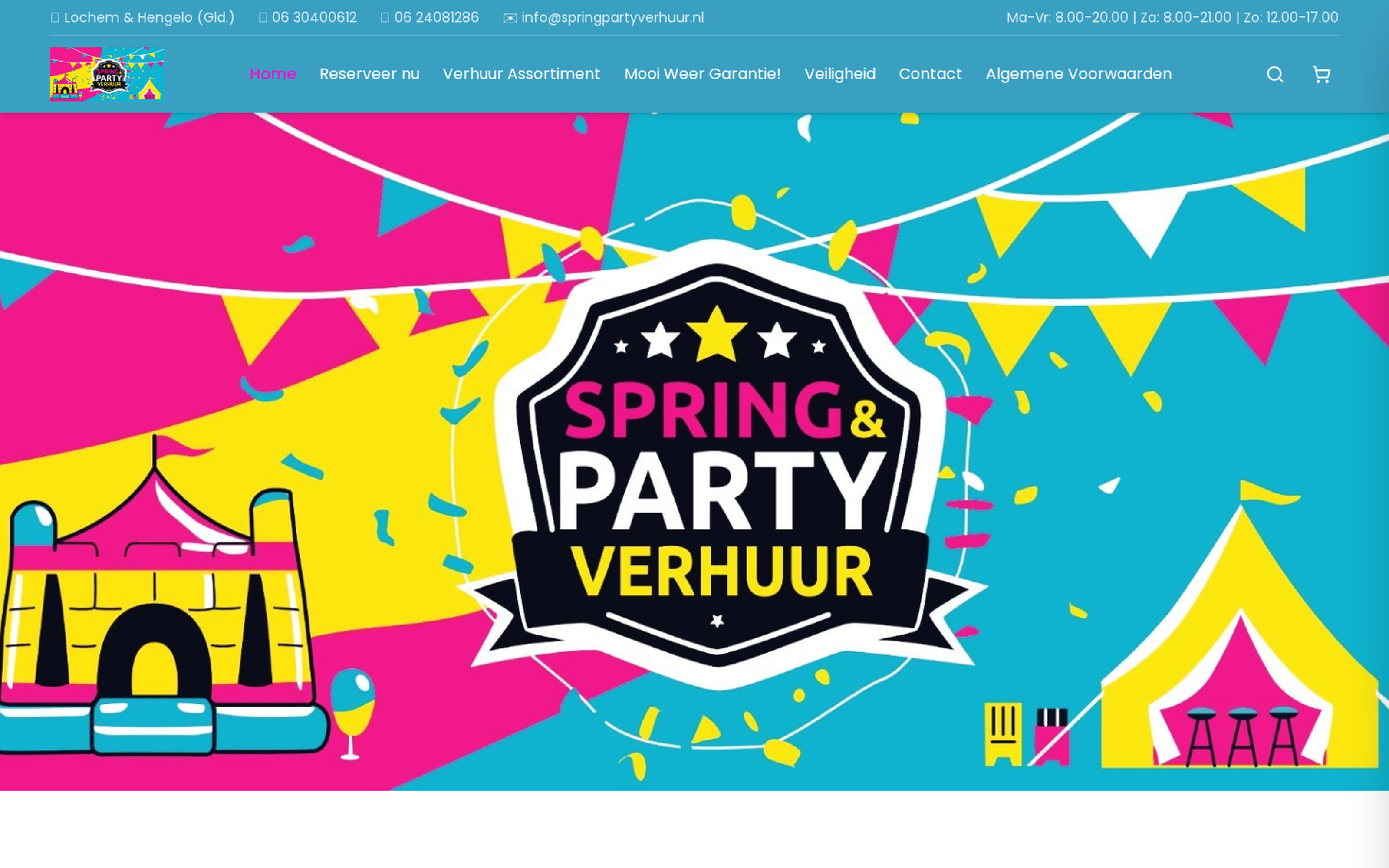 Website screenshot van Spring Party Verhuur (springpartyverhuur.nl) — Van springkussen tot statafel, direct online reserveren. Diensten: Webdesign, Development.
