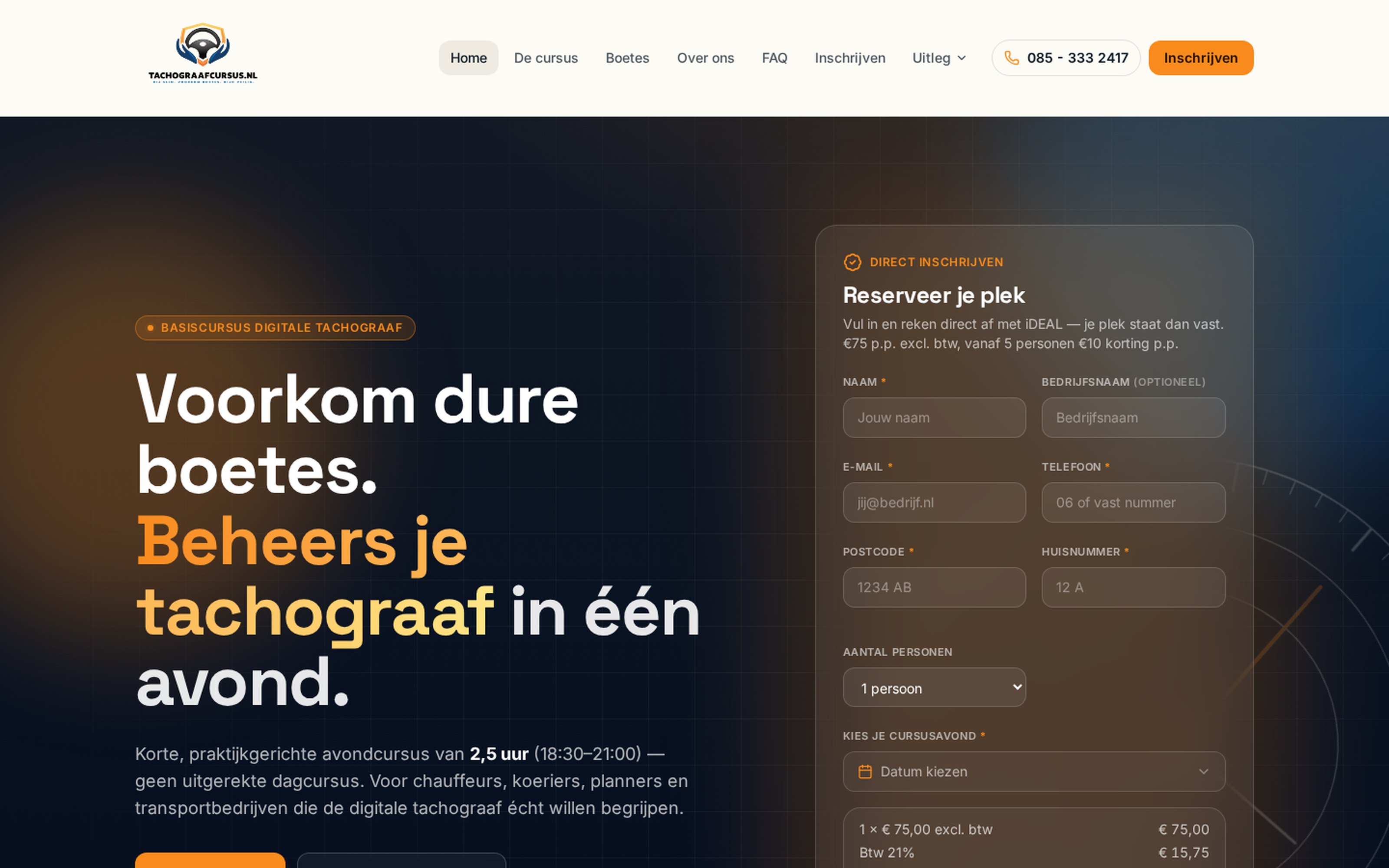 Website screenshot van Tachograafcursus.nl (tachograafcursus.nl) — Boek een tachograafcursus in twee minuten. Diensten: Webdesign, Development, SEO.