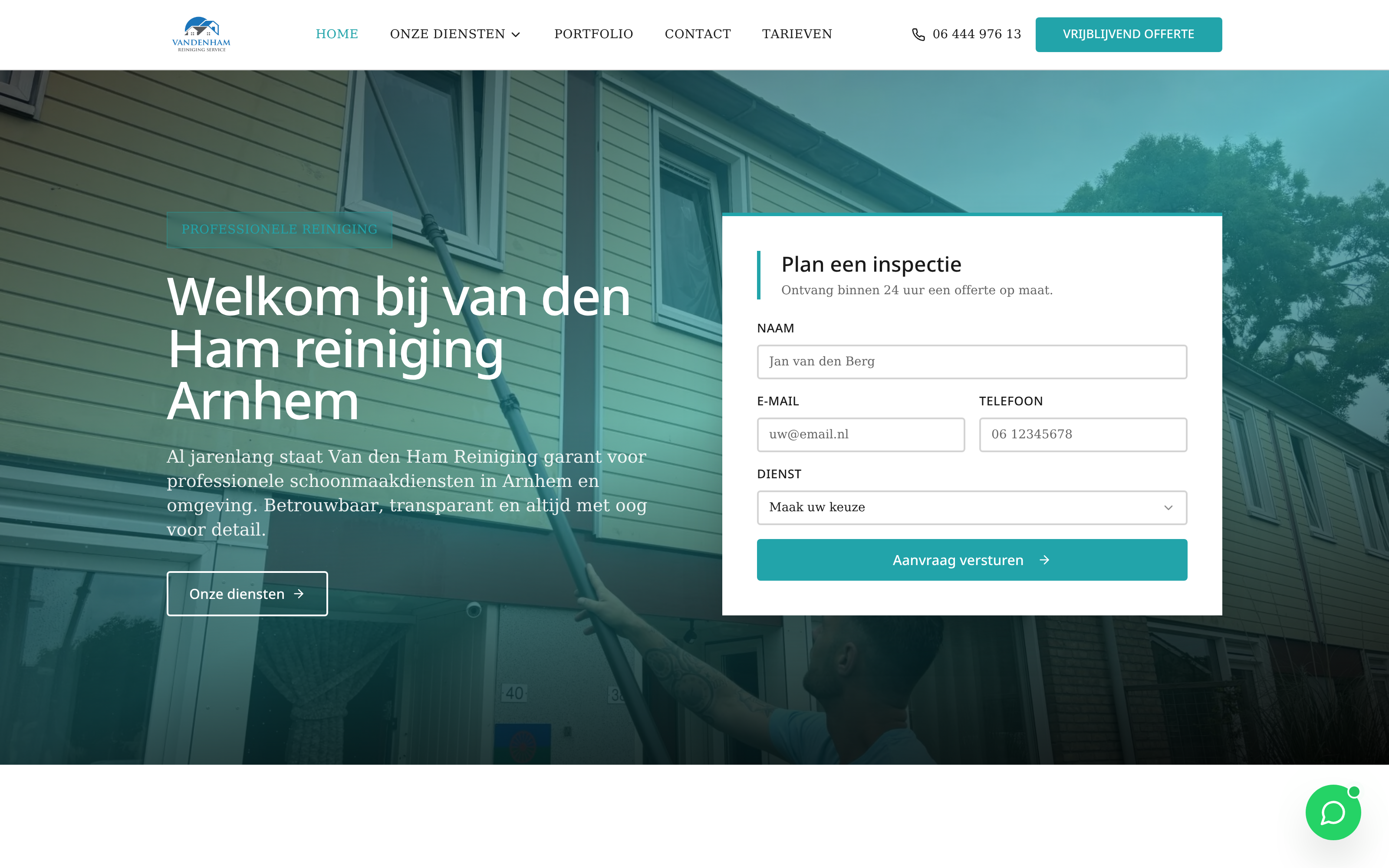 Website screenshot van Van den Ham Reiniging (vandenham-reiniging.nl) — Meer aanvragen, minder gedoe. Diensten: Webdesign, SEO.