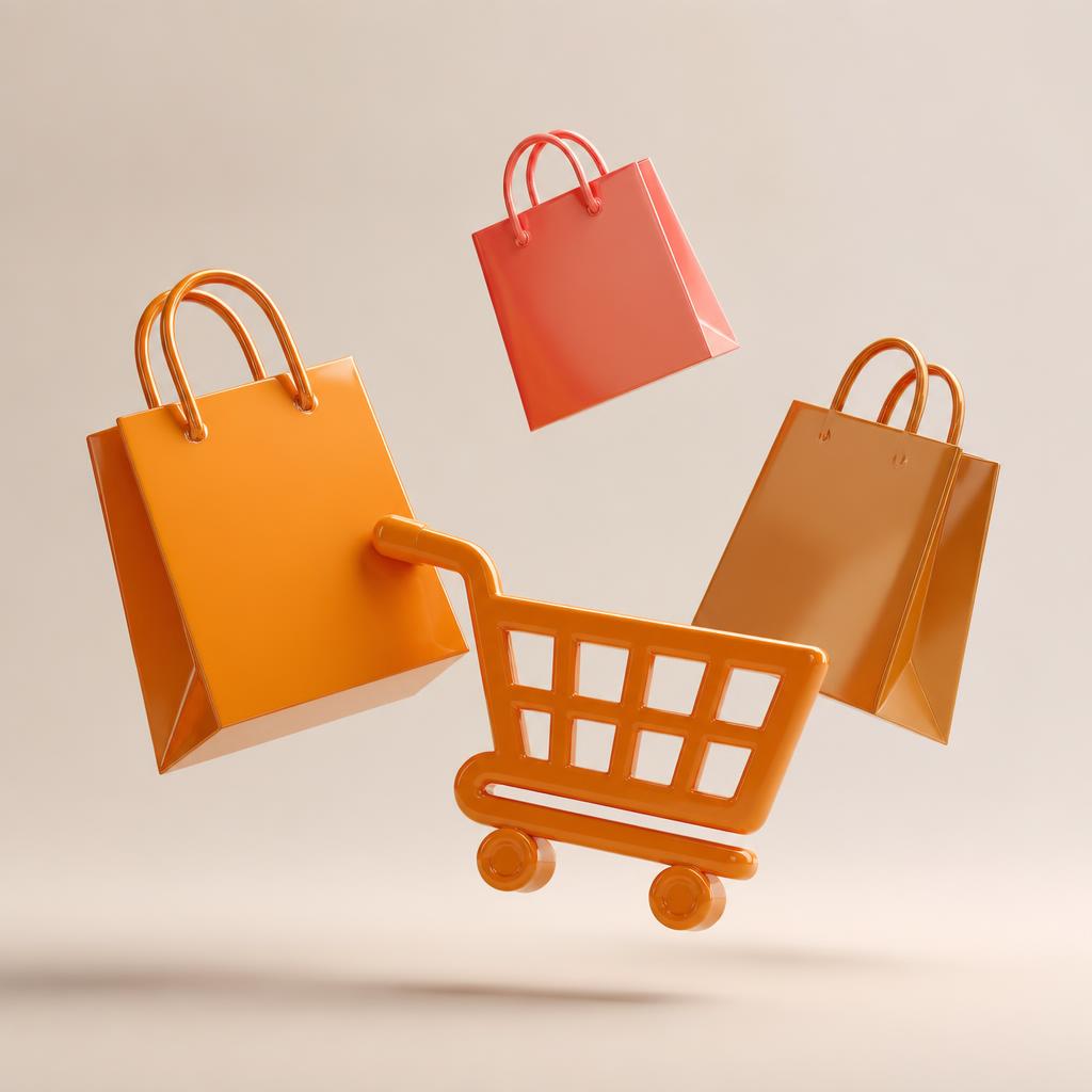 Glossy 3D shopping bags en winkelwagen die een webshop visualiseren